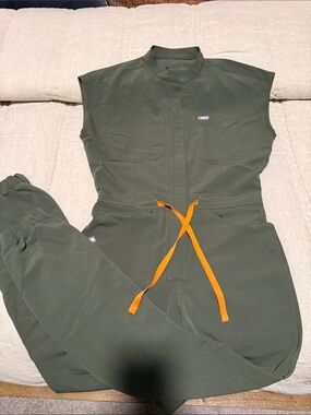 Figs Olive Green Jumpsuit with Orange Drawcord